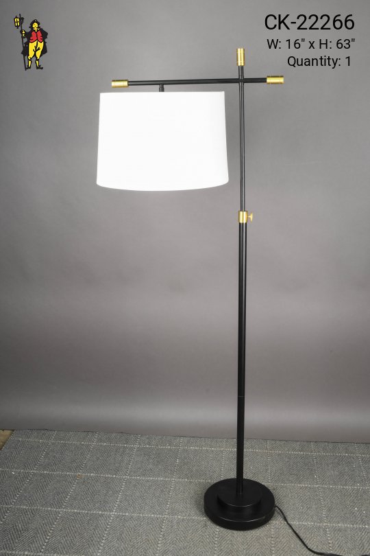Black & Brass Fabric Shaded Modern Bridge Style Floor Lamp