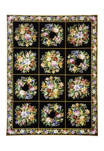 Black Floral Box & Border Needlepoint Area Rug (12' x 17')