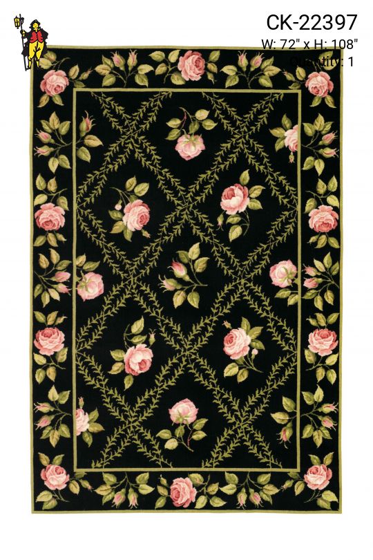 Black Floral Traditional Needlepoint Area Rug (6' x 9')