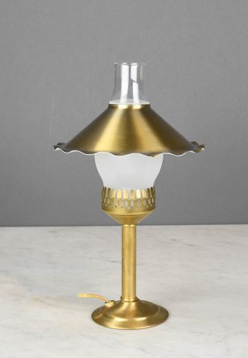 Brass Plug In Cafe Table Lamp w/Frosted Glass Chimney & Scallop Shade