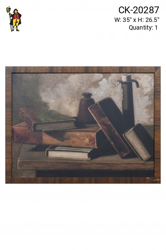 Wooden Framed Still Life w/Books, Inkpot, & Candlestick