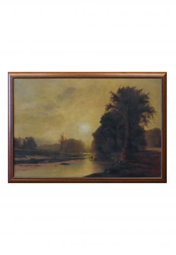 Framed River Sunset Oil Painting