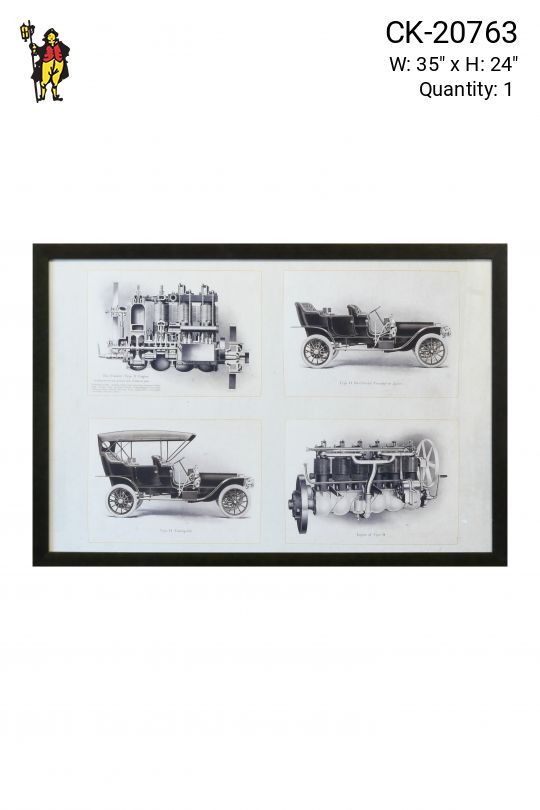 Framed Industrial Illustration of Antique Automobiles