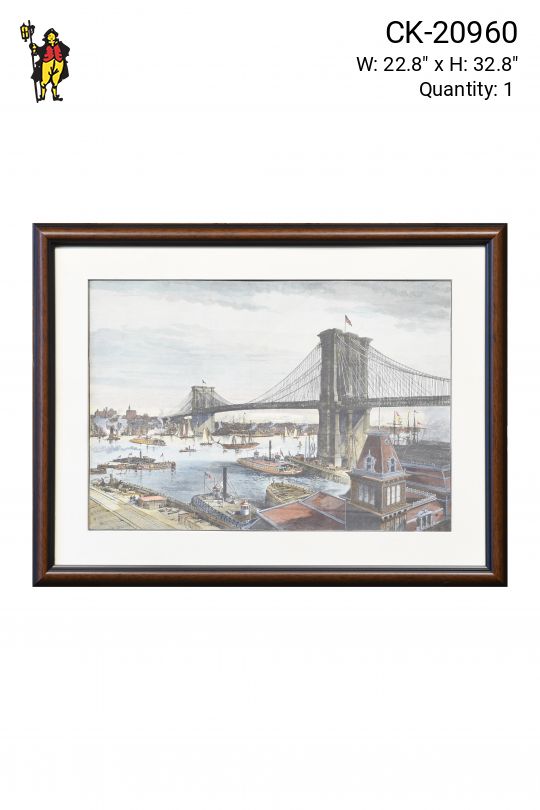 Framed Hand Colored Lithograph of Brooklyn Bridge
