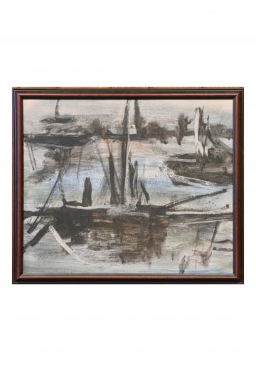 Framed Cleared Mid Century Harbor Scene Painting - 1
