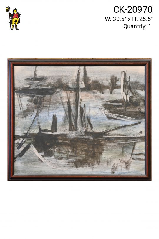 Framed Cleared Mid Century Harbor Scene Painting - 1