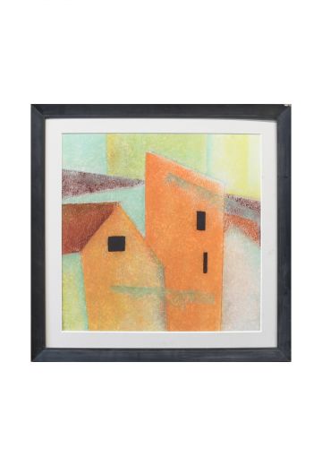 Framed Cleared Mid Century Pastel of Geometric Buildings