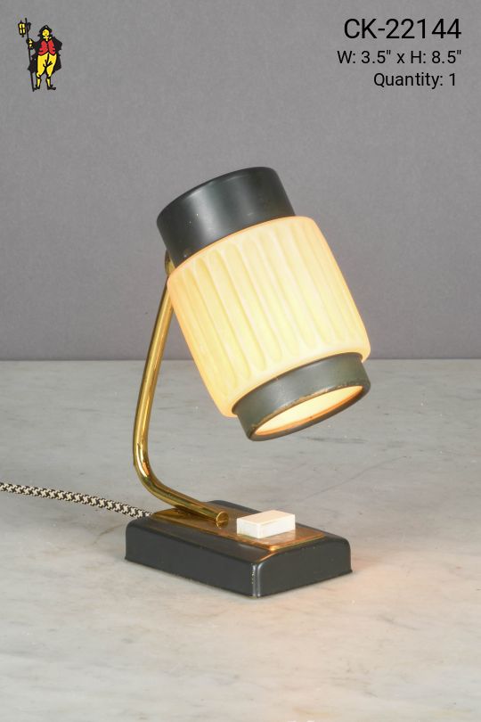 Green & Brass Small Mid Century Desk Lamp w/Ribbed Glass Shade