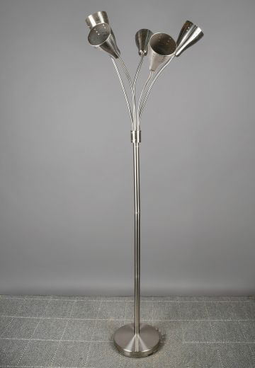 Nickel Five Light Gooseneck Floor Lamp w/Pierced Metal Reflectors