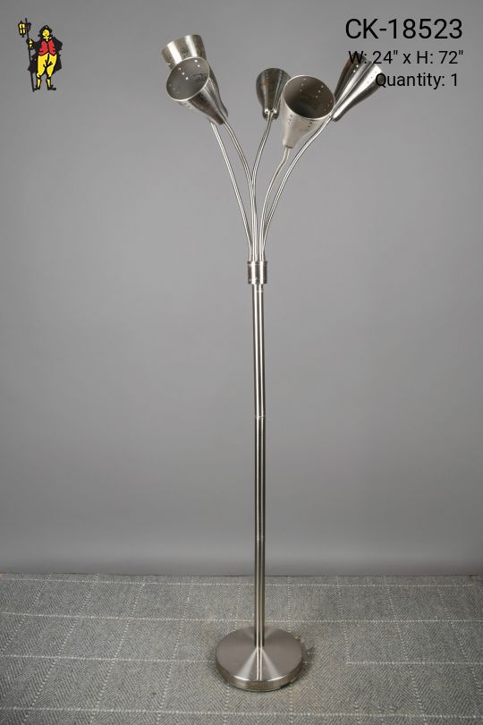 Nickel Five Light Gooseneck Floor Lamp w/Pierced Metal Reflectors