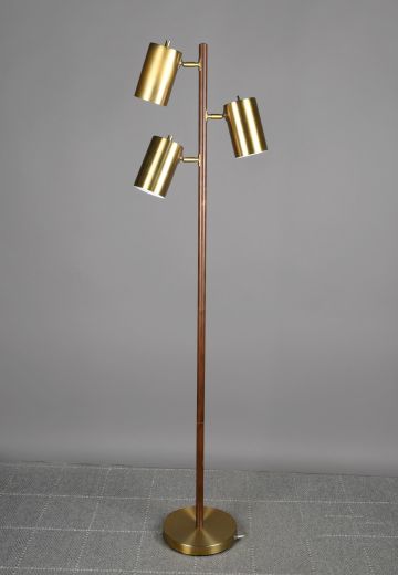Wooden & Brass Three Light Directional Floor Lamp