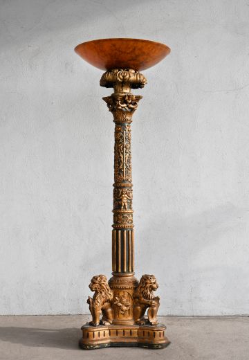 Black & Gold Painted Wooden Carved Torchiere (Also Available w/Glass Globe Shade - See Picture)