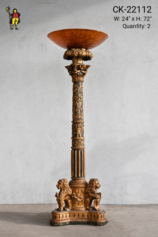Black & Gold Painted Wooden Carved Torchiere (Also Available w/Glass Globe Shade - See Picture)