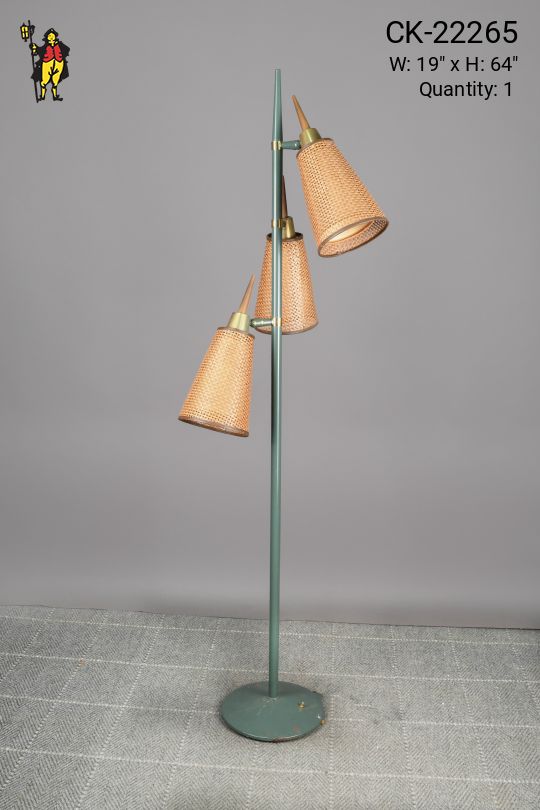 Green Three Light Woven Shaded Mid Century Floor Lamp