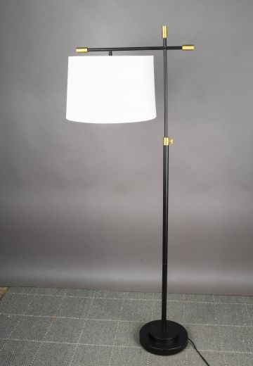 Black & Brass Fabric Shaded Modern Bridge Style Floor Lamp