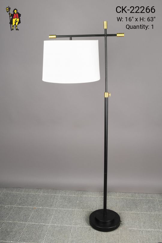Black & Brass Fabric Shaded Modern Bridge Style Floor Lamp