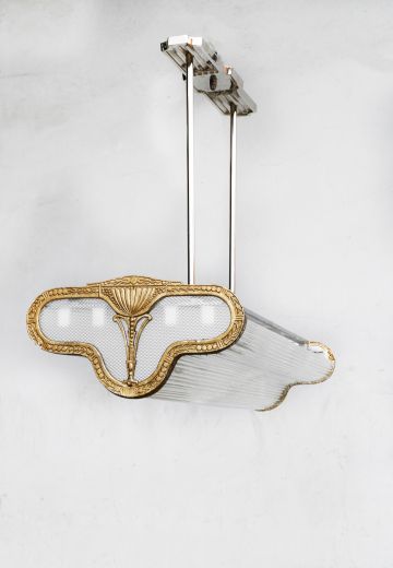 Art Deco Glass Rod & Brass Hanging Fluorescent Fixture