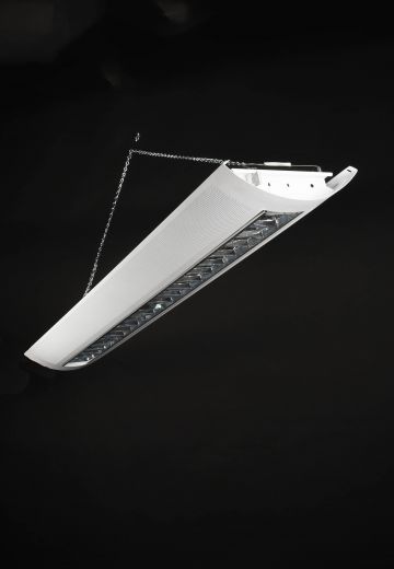 *Gutted - Astera Bulbs Required* 4' Modern Fluorescent w/Chrome Louvers & Pierced Metal