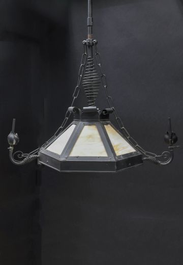 Wrought Iron & Art Glass Gothic Hanging Fixture