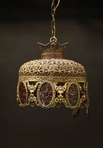 Pierced Brass & Red Glass Hanging Pendant