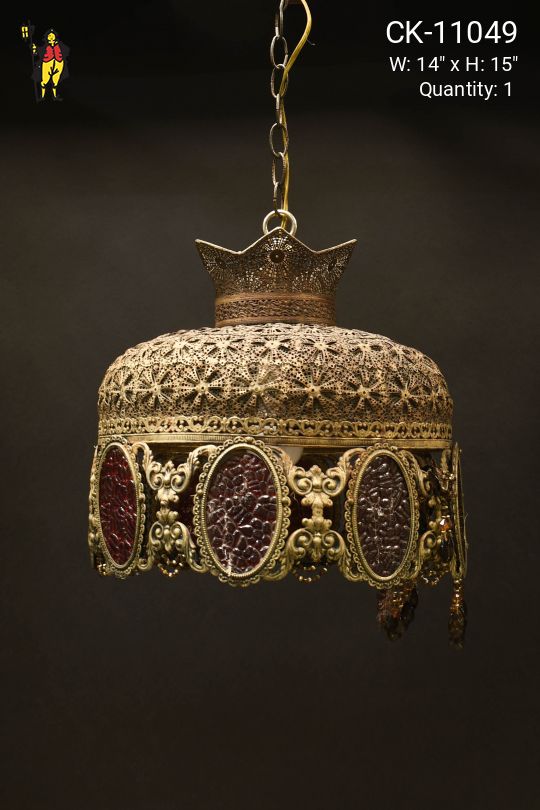 Pierced Brass & Red Glass Hanging Pendant