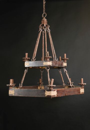 Twelve Light Two Tiered Wooden Chandelier