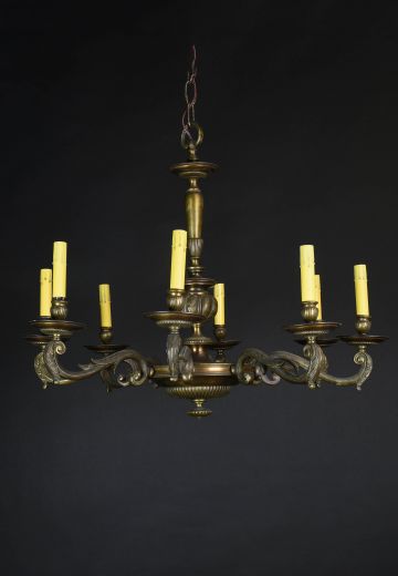 Antique Brass Eight Light Pre War Chandelier