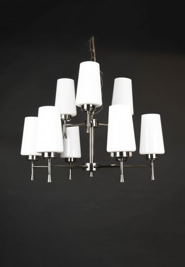 Nine Light Modern Chrome Chandelier w/Glass Shades