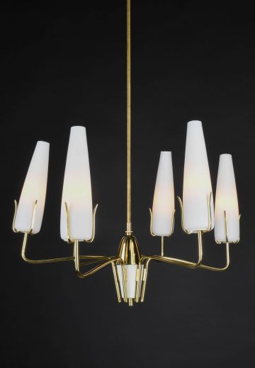 Six Light Glass & Brass Chandelier