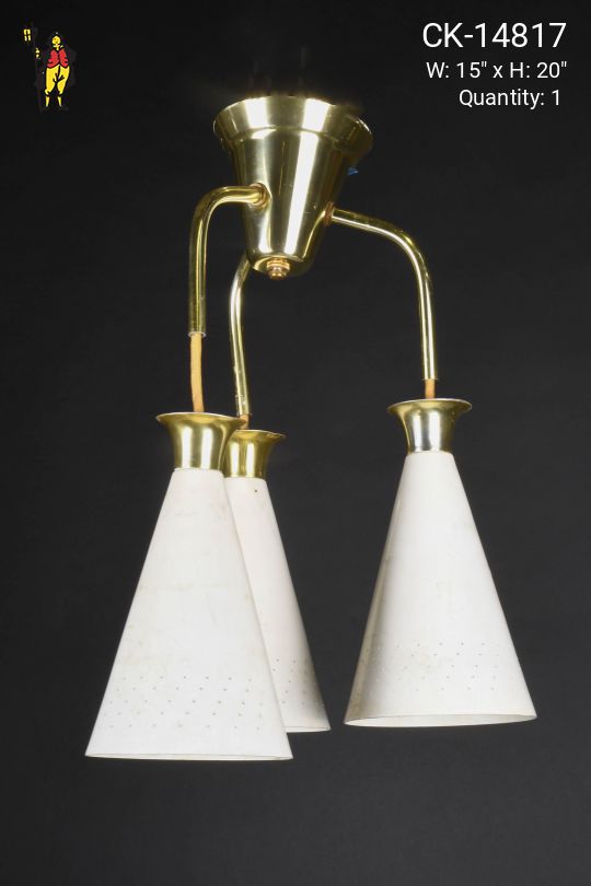 White & Brass Three Light Mid Century Pendant