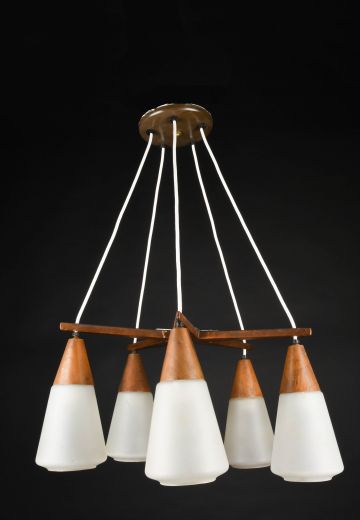 Wood & Glass Mid Century Five Light Hanging Fixture