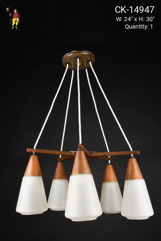 Wood & Glass Mid Century Five Light Hanging Fixture