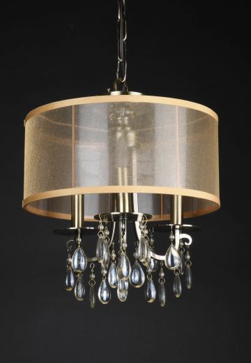 Three Light Fabric Shaded Chandelier w/Crystal Drops