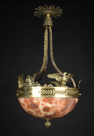 Polished Brass & Alabaster Hanging Bowl Chandelier