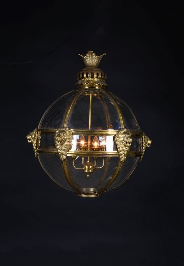Brass & Glass Hanging Globe w/Brass Lion Busts