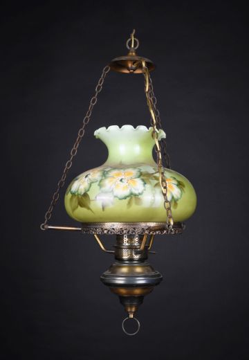 Green Floral Shaded Antique Brass Victorian Hanging Pendant