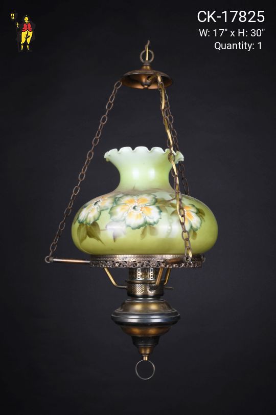 Green Floral Shaded Antique Brass Victorian Hanging Pendant