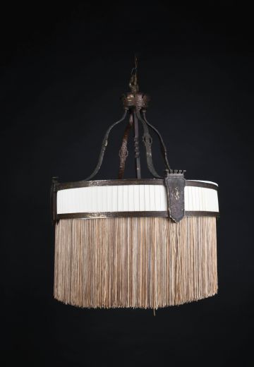 Fabric & Bronze Hanging Pendant w/Fabric Fringe