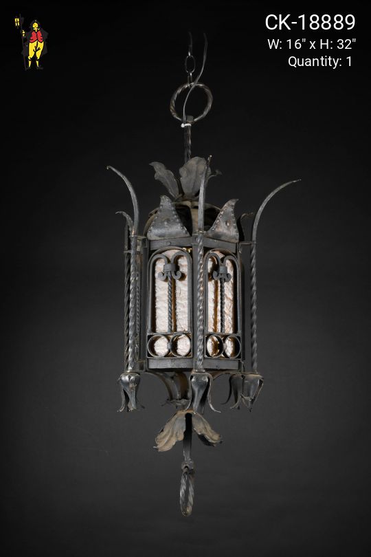 Gothic Iron Hanging Lantern w/Amber Glass