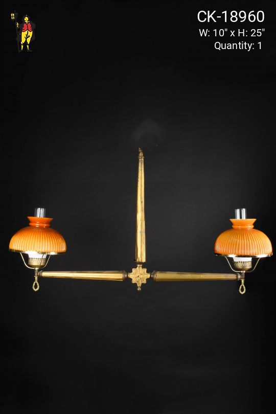 46" Brass Two Light Linear Faux Gaslight Electrified Hanging Fixture (Available w/Amber or Green Student Shades)