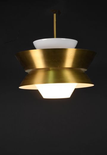 Brass & White Glass Mid Century Modern Hanging Pendant