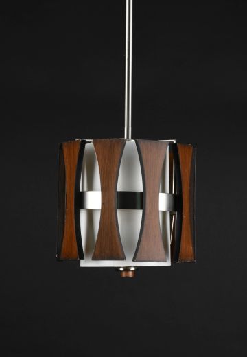 Small Wooden & Fabric Shaded Mid Century Hanging Pendant