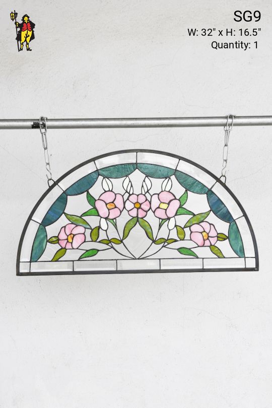 Pink & Green Floral Half Moon Stain Glass