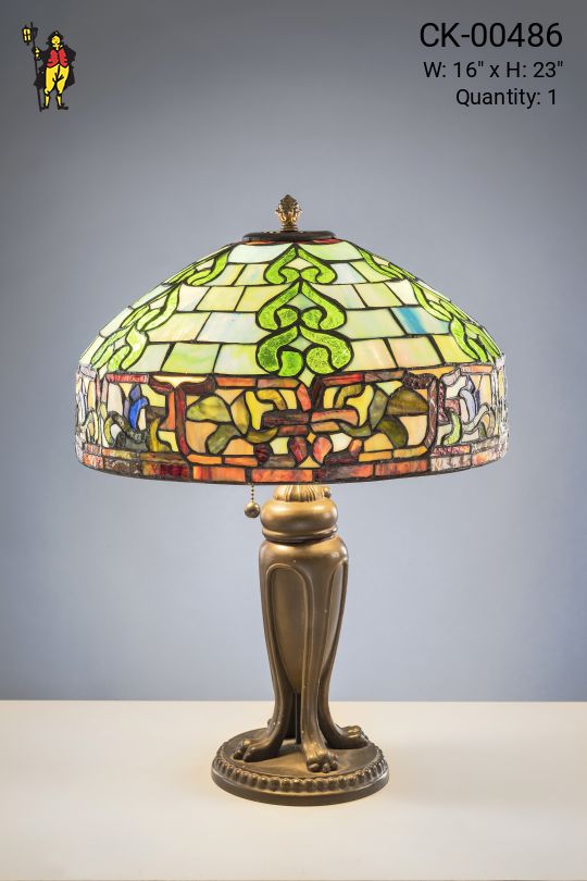 Antique Brass Table Lamp w/Multicolor Art Glass Shade
