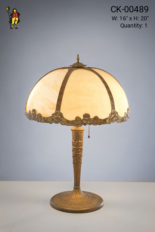 Brass Table Lamp w/Curved Slag Glass Shade