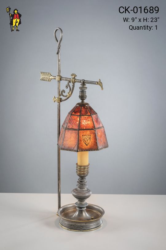 Antique Brass Bridge Table Lamp w/Amber Mica Shade