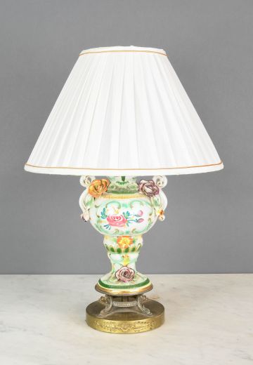 Green & White Floral Painted Ceramic Table Lamp