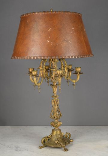 One Electrified Socket w/Six Candle Holder Brass Mica Shaded Table Lamp