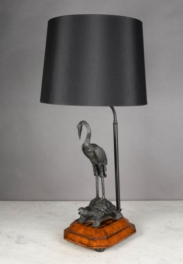 Black Turtle & Bird Figure Table Lamp On Wooden Base