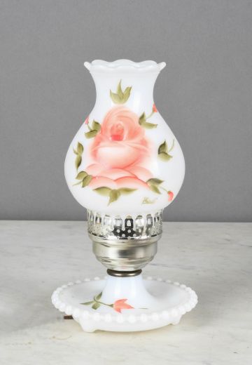 Small Floral Painted Glass Faux Oil Style Table Lamp